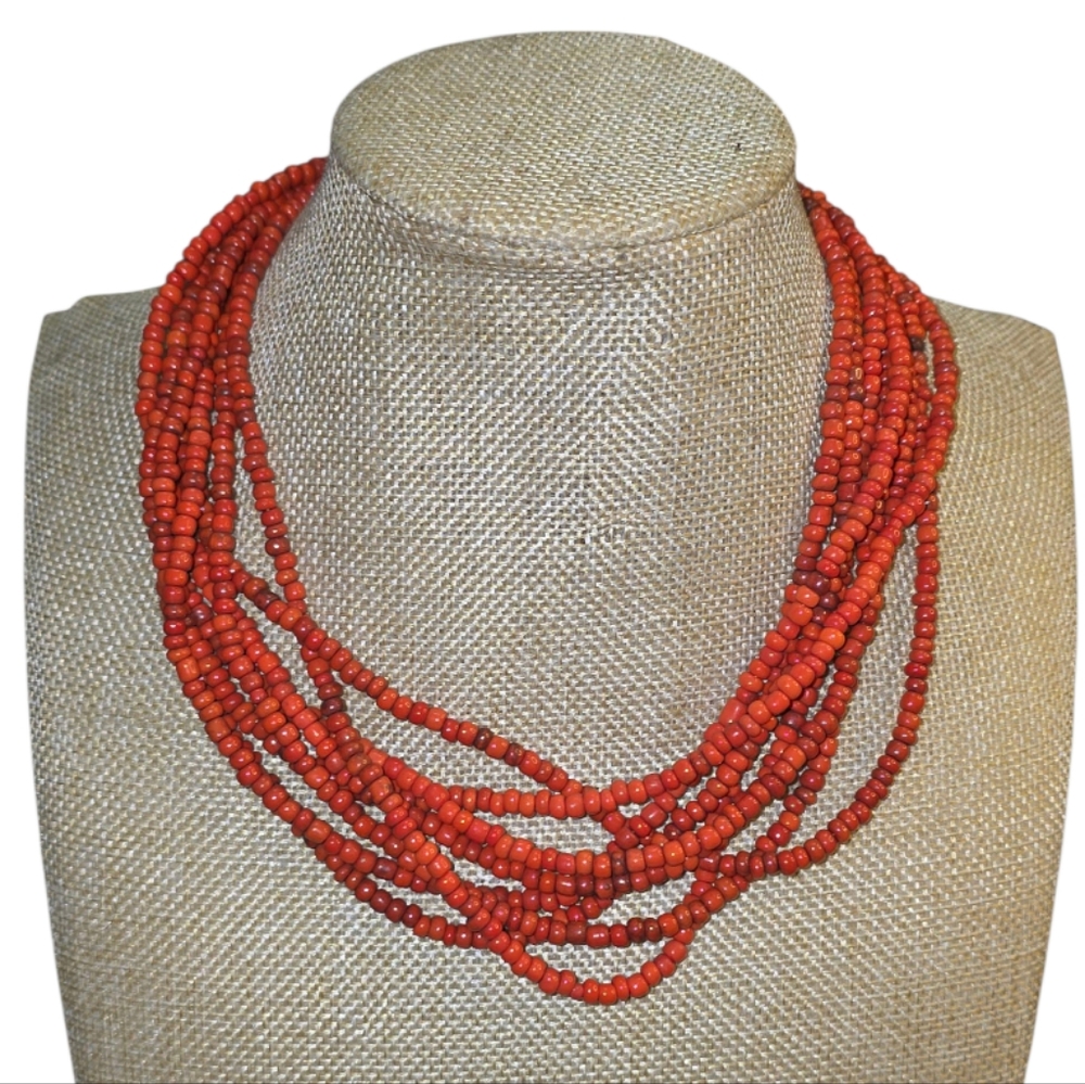 Red Coral Bead Necklace‎ Multi Strand Fashion Jewelry Vintage Button